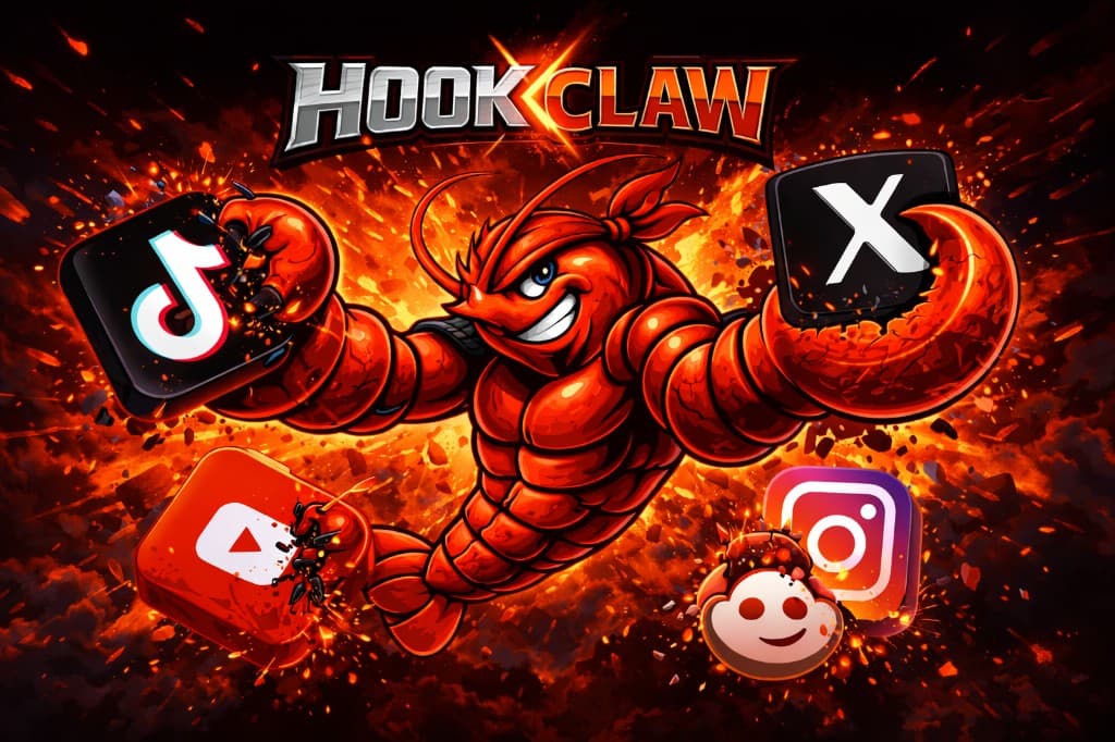 HookClaw AI Creative Director β Lobster mascot grabbing social media platforms